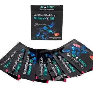 Упаковка Vitara 20 Oral Jelly – блістер із 7 саше орального гелю з варденафілом 20 мг, зі смаком полуниці, на світлому фоні.