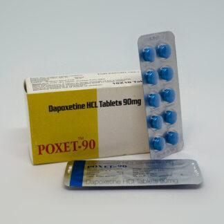 Упаковка Poxet 90 мг – блістер із 10 таблетками дапоксетину для ефективного лікування передчасної еякуляції, на білому фоні.